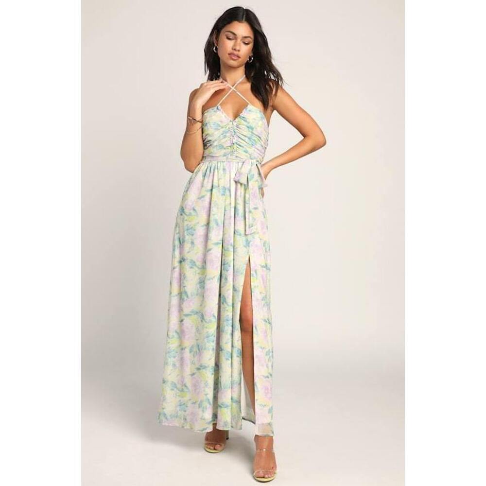 Lulus Effortlessly Abloom Green Multi Floral Ruched Halter Maxi Dress - Size M